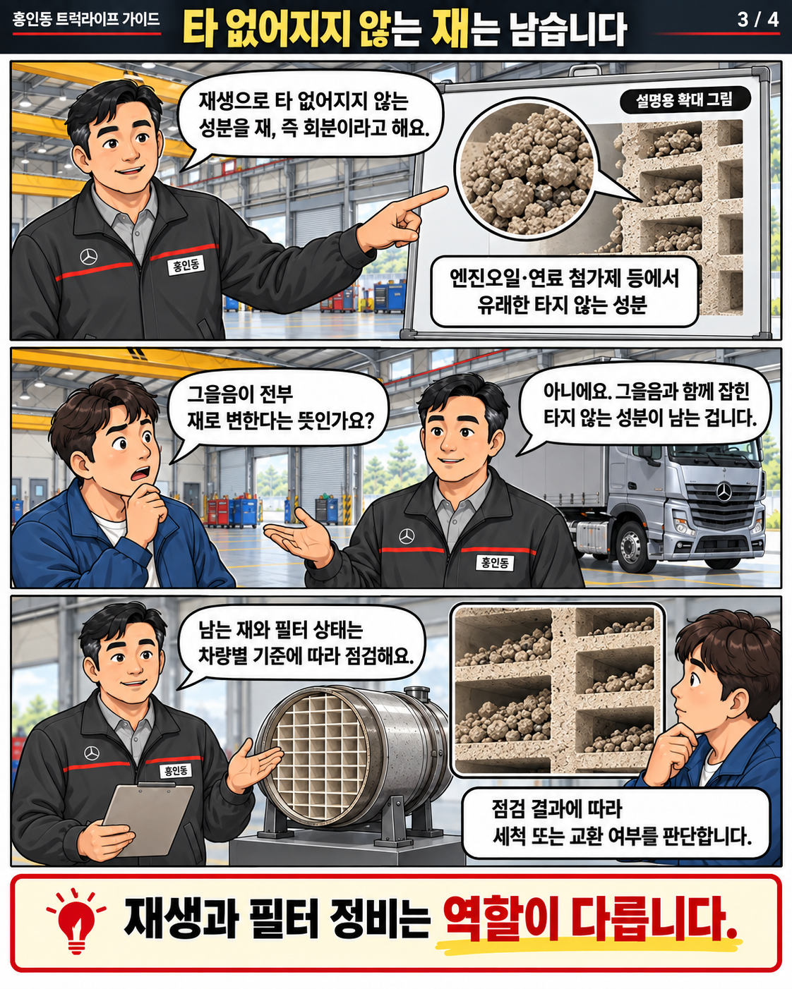 필터 모형에 남은 재를 확대 그림으로 설명하는 홍인동