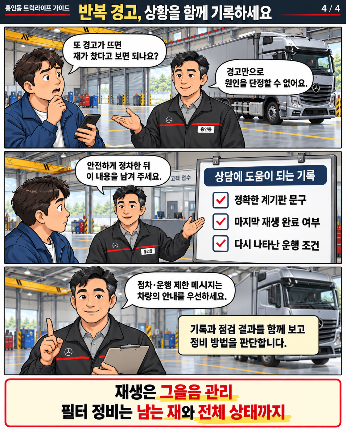 주차된 트럭 옆에서 운행 기록과 점검 내용을 설명하는 홍인동