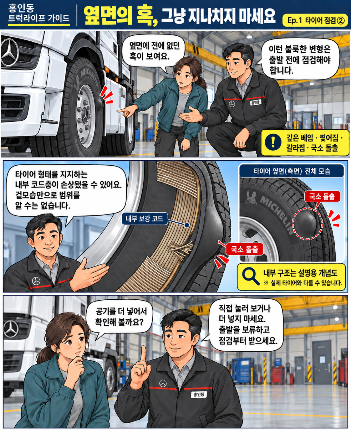 타이어 옆면의 국소 돌출과 내부 코드 손상 가능성, 운행 전 점검을 설명하는 만화